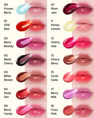 TOCOBO Juicy Berry Lip Oil close-up reveals glassy finish and non-sticky feel.