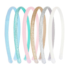 Todder thin glitter headbands six-pack close-up shows sparkling elastic bands for daily wear