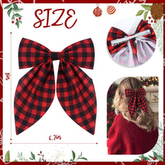 Tokufagu Christmas hair bow clip close-up showing red-green plaid design for holiday outfits.