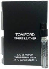 Tom Ford Ombre Leather vial closeup for travel-friendly fragrance sampling.