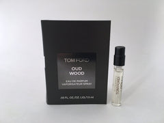 Tom Ford Oud Wood sample bottle closeup for trying scent on the go