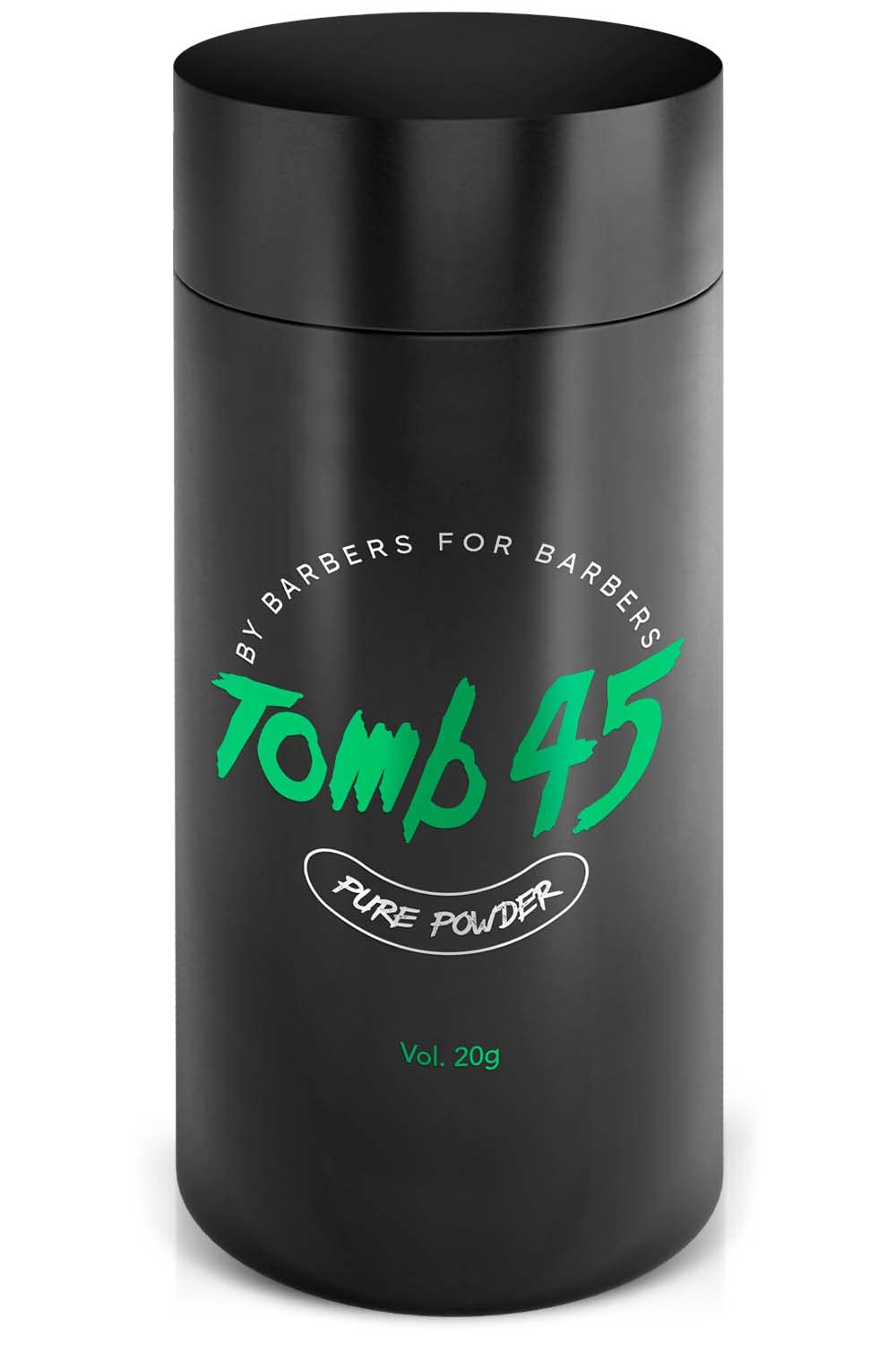 Tomb 45 Pure Powder bottle close-up showing fragrance-free, portable volume for on-the-go styling.