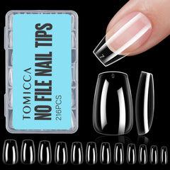 TOMICCA coffin acrylic nails clear short 216pcs kit for at-home manicure