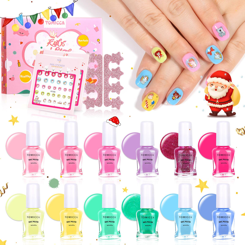 TOMICCA kids nail polish set with 12 candy colors, quick-dry finish for busy kids.