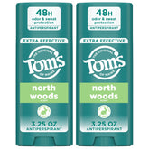 Tom's of Maine North Woods antiperspirant packaging showing dual 3.25 oz sticks for long-lasting protection
