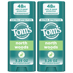 Tom's of Maine North Woods antiperspirant packaging showing dual 3.25 oz sticks for long-lasting protection