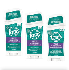 Tom's of Maine Wild Lavender deodorant pack showing three sticks for long-lasting freshness.
