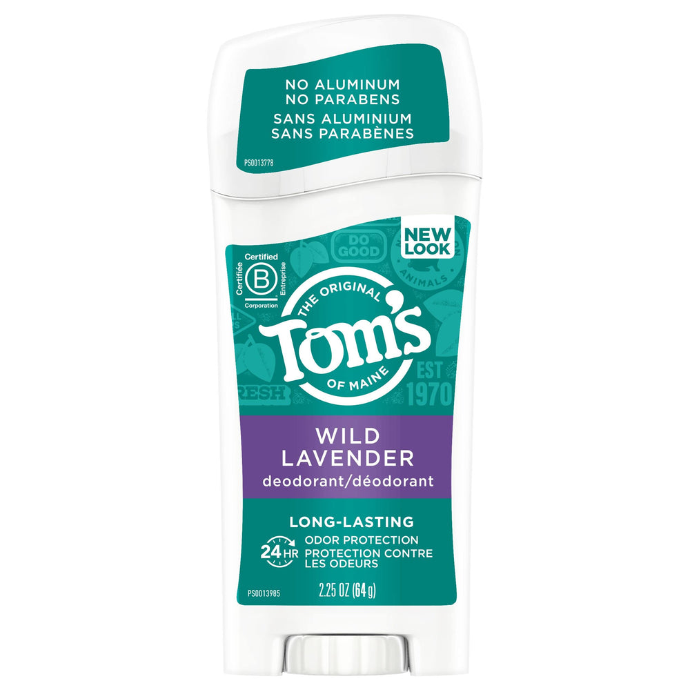 Tom's of Maine Wild Lavender deodorant stick front view showing aluminum-free formula for all-day freshness