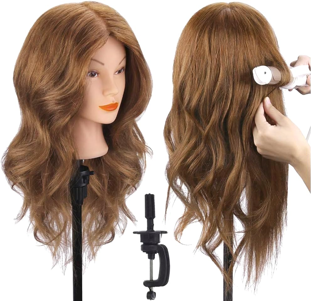 TopDirect 18-inch brown real-hair mannequin head close-up showing real hair texture for styling practice.