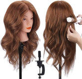 TopDirect mannequin head real-hair-18in shows natural length for practice styling and cutting.