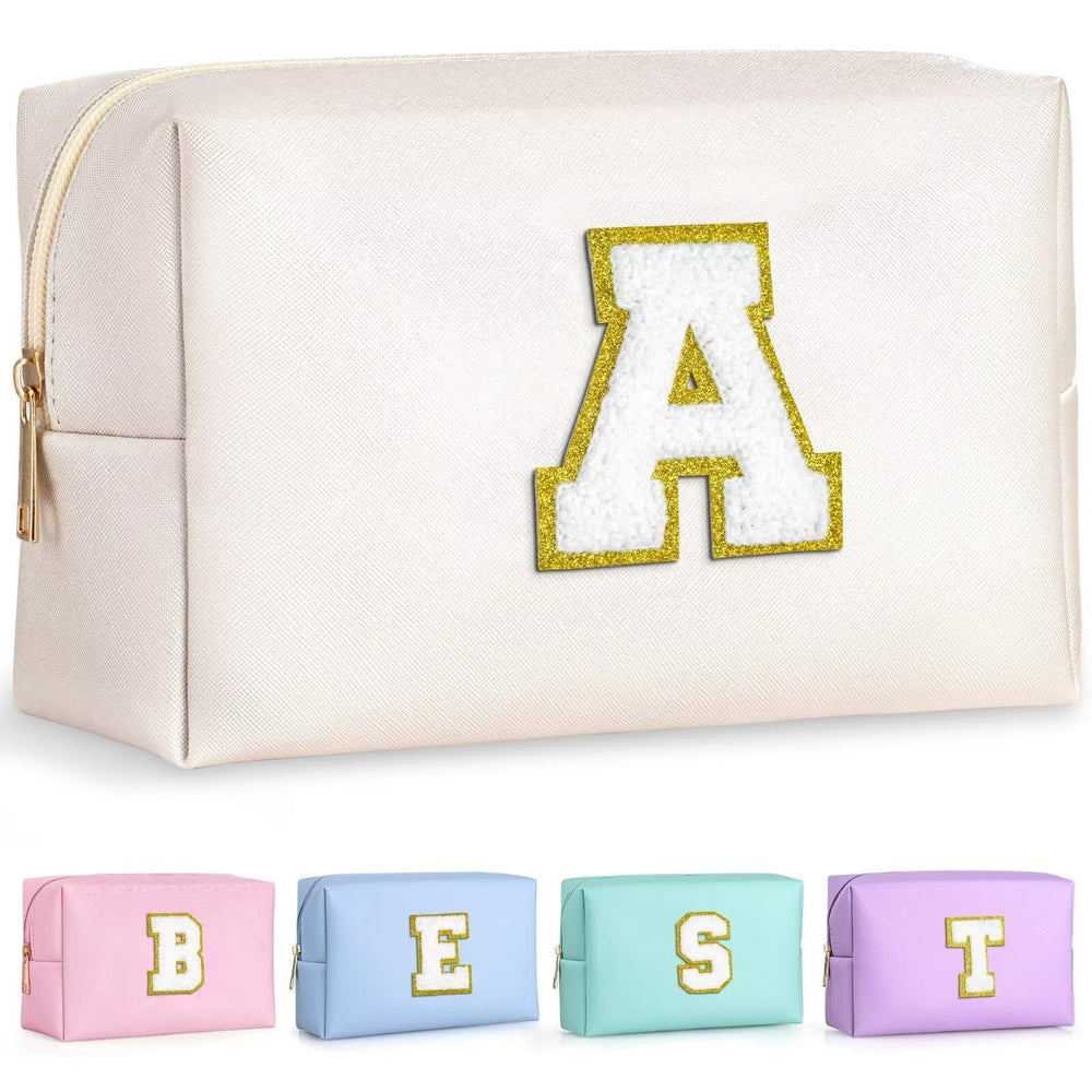 TOPEAST Initial Makeup Bag showing plush gold glitter patch for personalized style