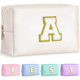 TOPEAST Initial Makeup Bag showing plush gold glitter patch for personalized style