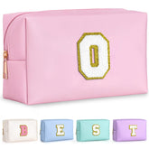 TOPEAST makeup bag with initial patch on pink fabric for personalized style.