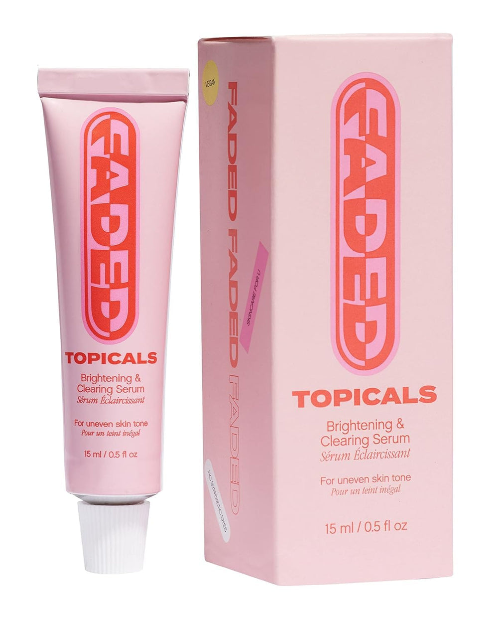 Topicals Faded serum bottle close-up for even skin tone support.