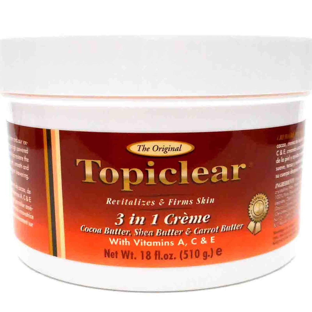 Topiclear 3 in 1 creme bottle 18oz shows rich butter blend for daily hydration.