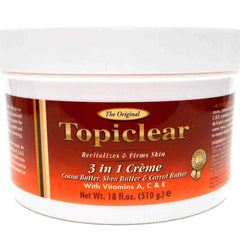 Topiclear 3 in 1 creme bottle 18oz shows rich butter blend for daily hydration.
