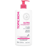Topicrem Ultra-Moisturizing Body Milk 1000ml bottle provides long-lasting hydration for dry skin.