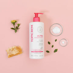 Topicrem Ultra-Moisturizing Body Milk 1000ml texture swatch showcases rich emulsion for sensitive skin.