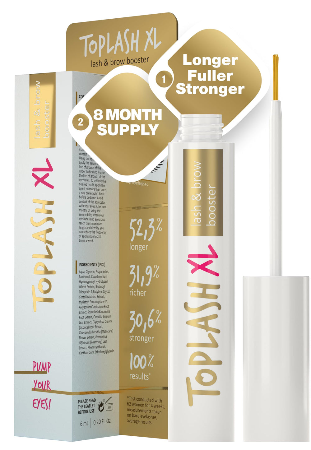 Toplash XL lash booster bottle shows potent botanicals for daily lash and brow care.