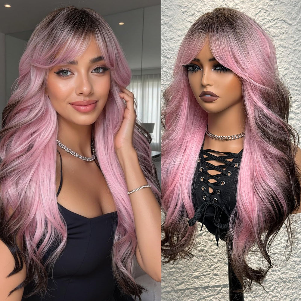 topshe long wavy pink wig with bangs and brown roots offers versatile everyday looks