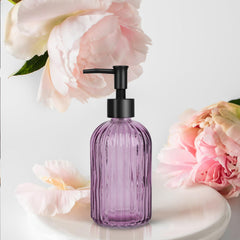 Topsky stripe glass soap dispenser purple with black pump close-up showing rustproof durability.