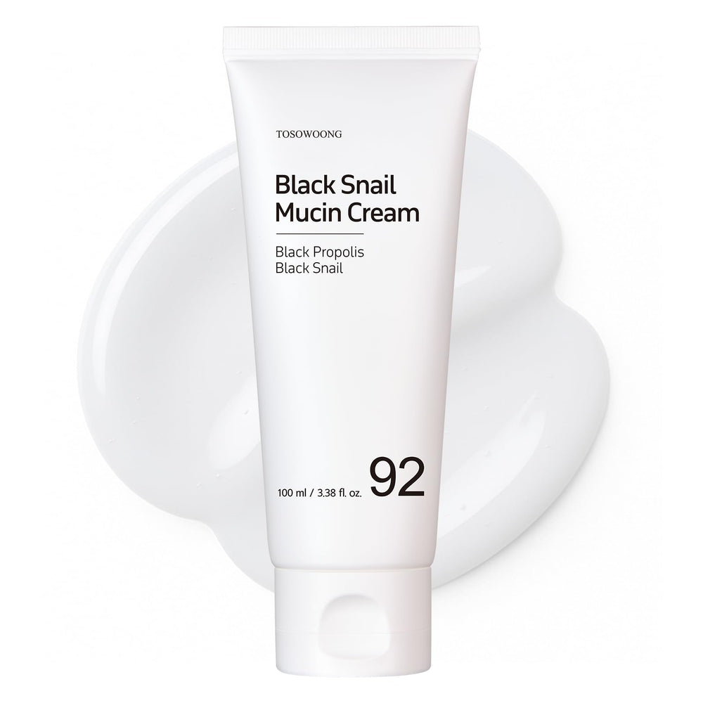 TOSOWOONG Black Snail Mucin 92% cream jar closeup highlighting rich hydration for the skin.