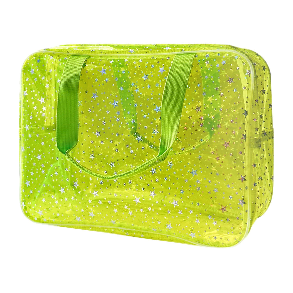 TotePrint Yellow Star Large Cosmetic Bag with handle for easy travel organization.
