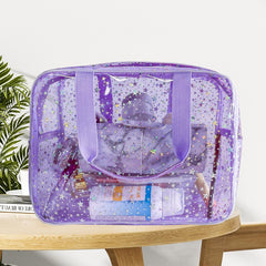 TotePrint purple star clear bag shows contents at a glance