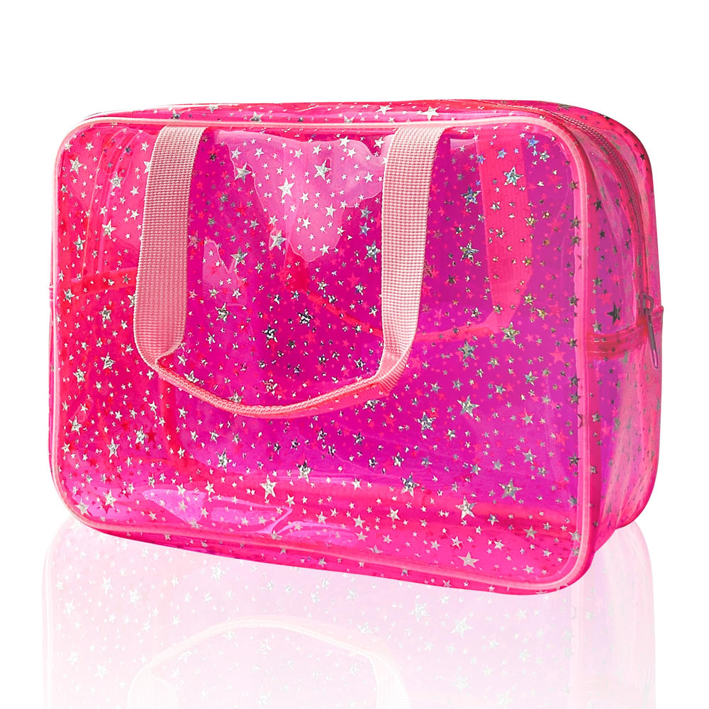 TotePrint hot pink star bag front view for easy makeup storage on trips.