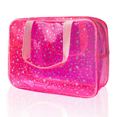 TotePrint hot pink star bag front view for easy makeup storage on trips.