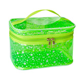TotePrint star print green PVC makeup bag with handle offers portable organization on the go.