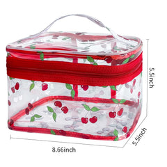 TotePrint Cherry Clear cosmetic bag handle for easy portability during travel.