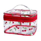 TotePrint Cherry Clear cosmetic bag front view showcasing transparent design for quick item sighting.
