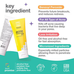 TOUCH benzoyl peroxide gel face application showing daytime use under makeup