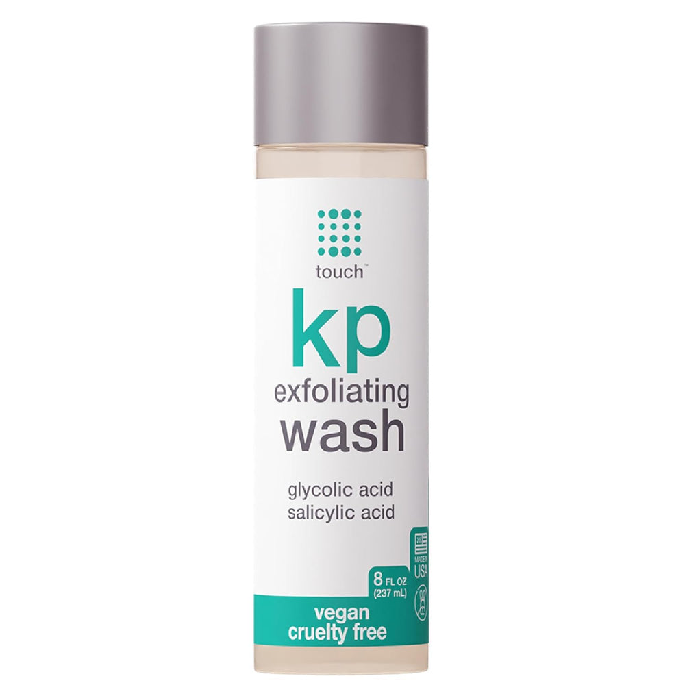 TOUCH KP Exfoliating Body Wash bottle showing KP-focused exfoliation benefits.