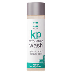 TOUCH KP Exfoliating Body Wash bottle showing KP-focused exfoliation benefits.