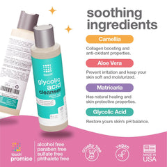 TOUCH glycolic cleanser ingredients Aloe Vera Green Tea Chamomile for soothing cleansing.