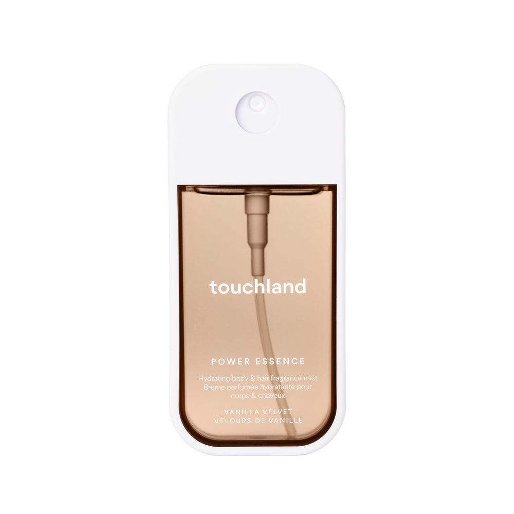 Touchland Vanilla Velvet bottle demonstrates compact travel size for on-the-go refresh.