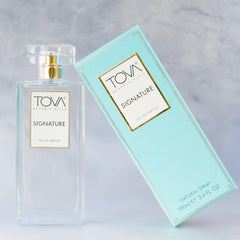 Tova Signature EDP box packaging featuring USA-made cruelty-free branding
