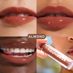 Tower 28 ShineOn Milky Lip Jelly Almond wand application highlights smooth, non-sticky gloss.