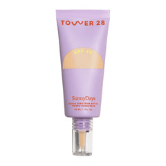 Tower 28 SunnyDays SPF 30 tinted foundation in 18 Montana swatch delivers natural, even-toned skin.