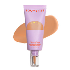 Tower 28 SunnyDays Ocean Park 25 swatch showing warm golden undertones for natural coverage