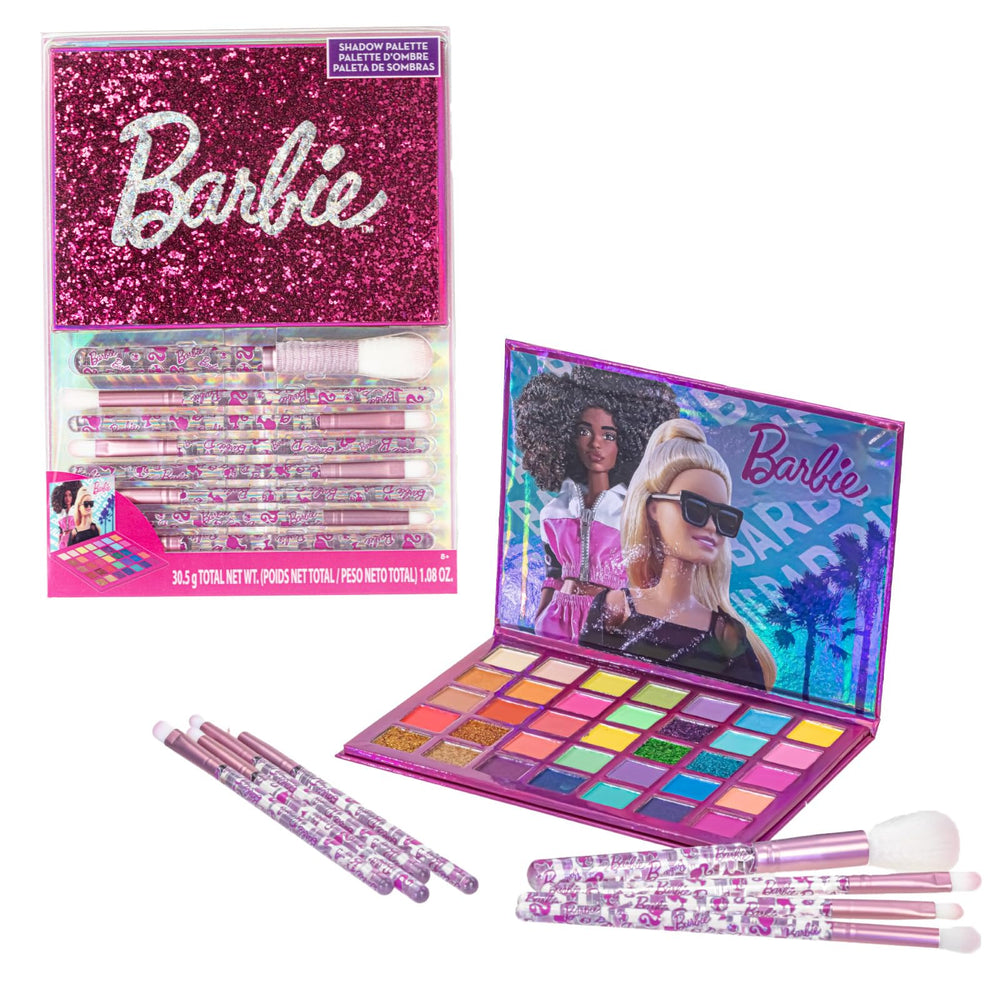 Townley Girl Barbie 35-well palette packaging showcases kid-friendly makeup for birthdays.