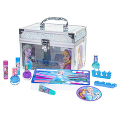 Townley Girl Disney Frozen train case opened for organized, on-the-go makeup storage.