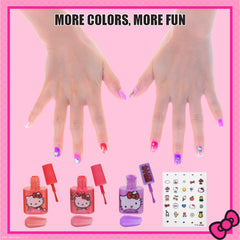 Townley Girl Hello Kitty nail polish set provides a nail sticker sheet for creative nail art.