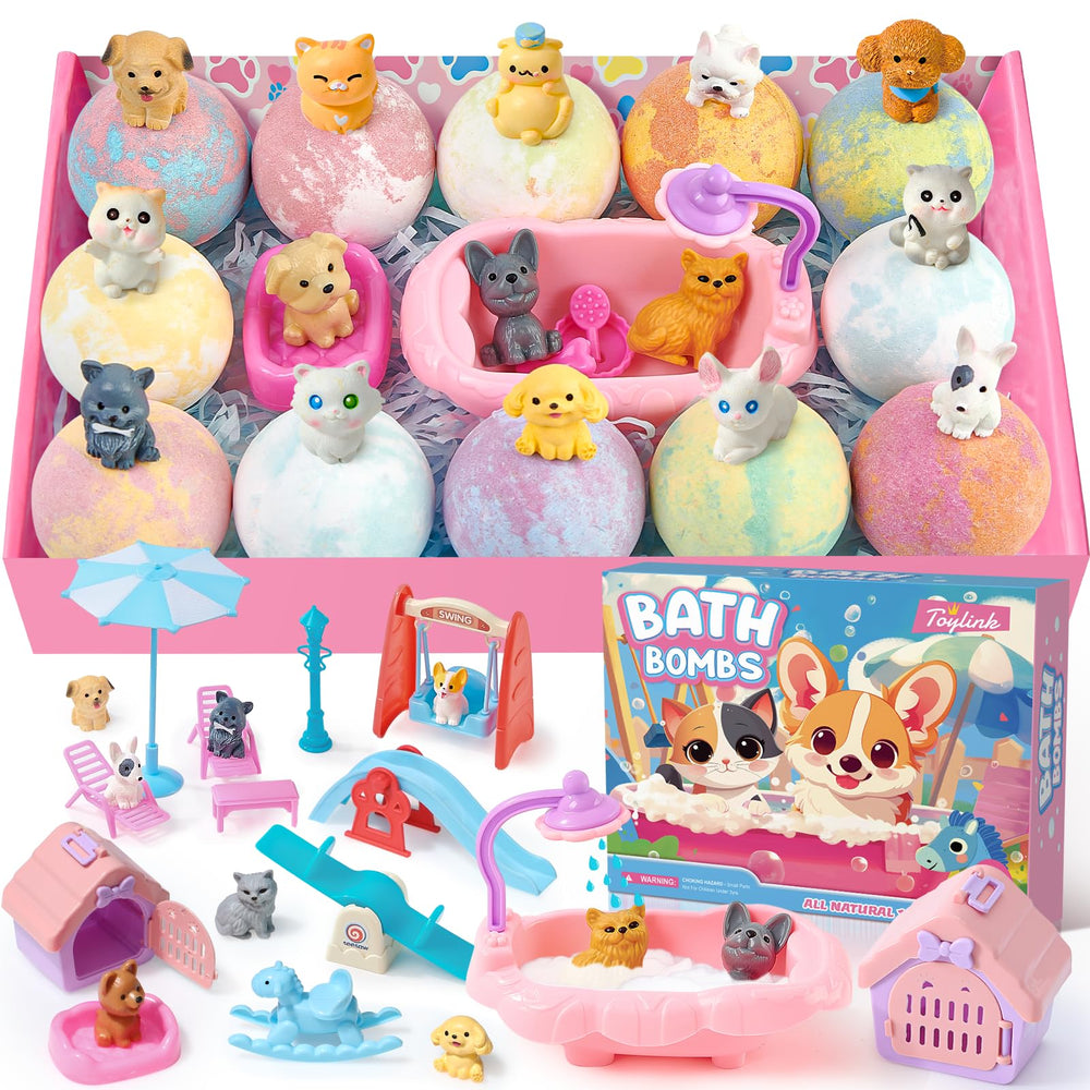 Toylink bath bombs reveal inside dog toys for playful bath time.