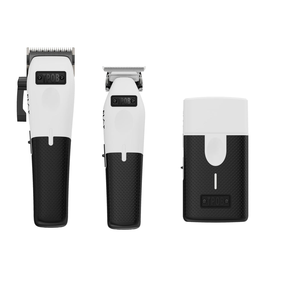 TPOB Play clipper front view in white shows an ergonomic grip for comfortable grooming.