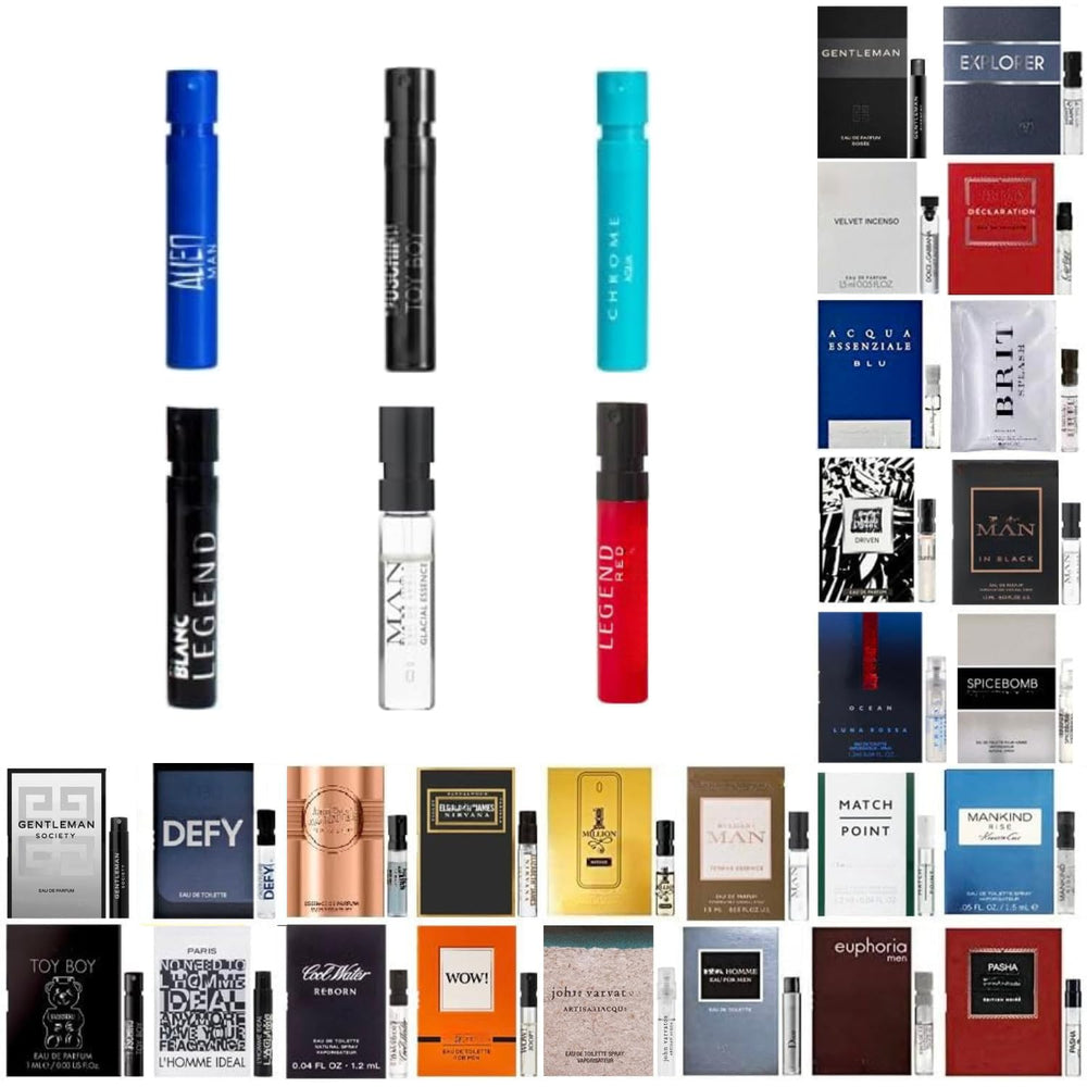 tradeberry men's cologne sampler set six-pack bottles offering testing variety for choosing your signature scent.