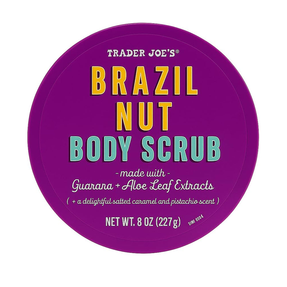 Trader Joe's Brazil Nut Body Scrub jar close-up highlighting exfoliating texture for smooth skin