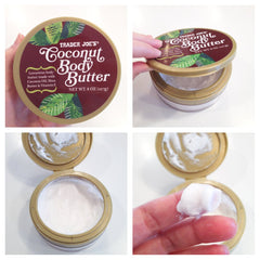 Trader Joe's Coconut Body Butter ingredients list featuring shea butter and vitamin E